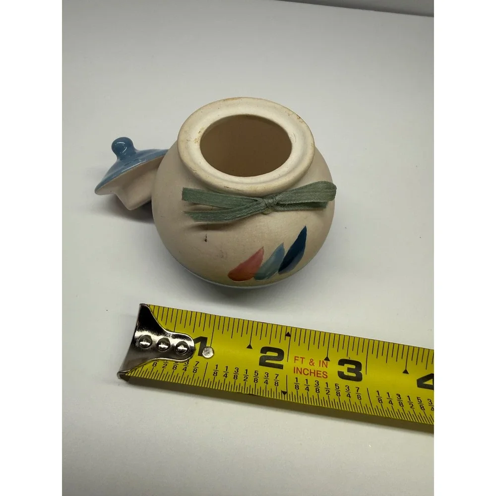 Hand Painted Ceramic Mini Honey Pot Blue Pink Teardrop Jar with Lid and Ribbon